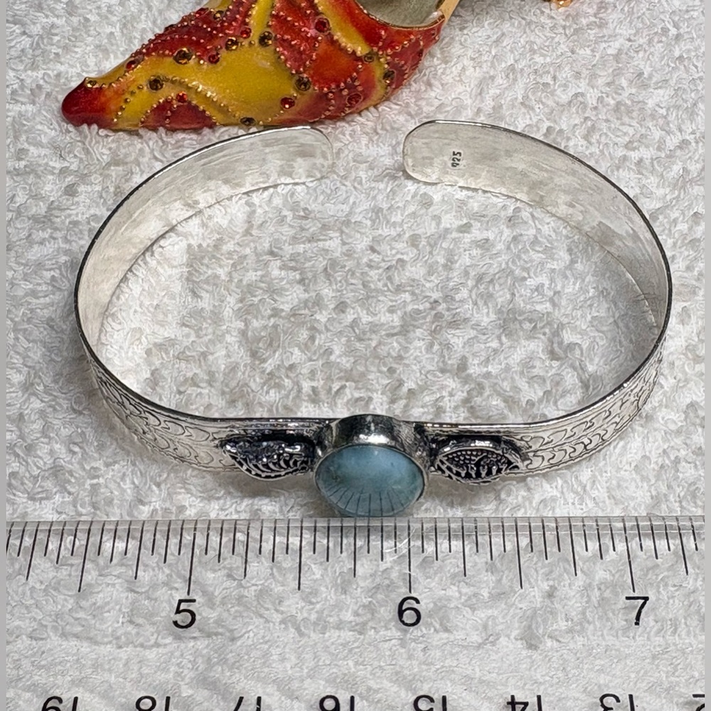 Solid/bold Larimar Cuff Bracelet with Silver Accents-stamped 925 - Picture 9 of 11